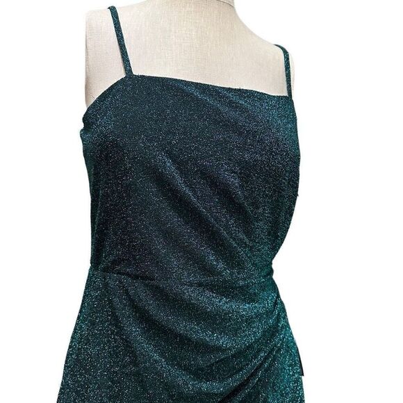 Trixxi Juniors Womens Metallic Gathered Mini Dress Hunter Green Above Knee Sz L - Picture 5 of 16